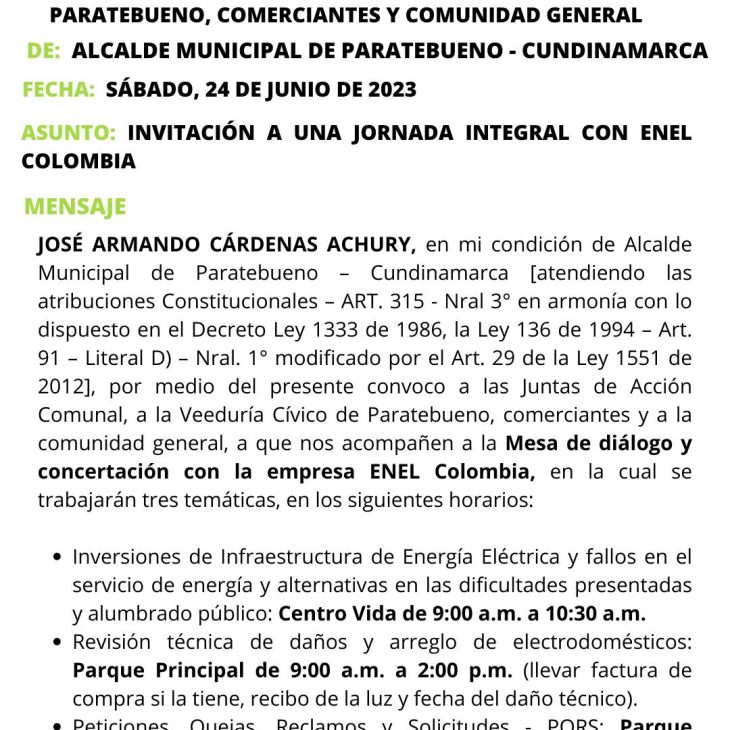 INVITACIÓN A LA COMUNIDAD DE PARATEBUENO: COMUNICADO SOBRE UNA JORNADA COMPLETA CON LA EMPRESA ENEL COLOMBIA