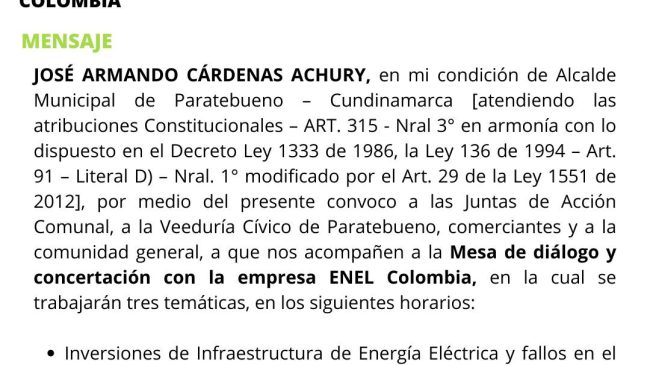 INVITACIÓN A LA COMUNIDAD DE PARATEBUENO: COMUNICADO SOBRE UNA JORNADA COMPLETA CON LA EMPRESA ENEL COLOMBIA